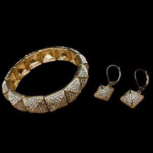 Gold Toned Metal & Pavé Square Earrings & Stretch Bracelet Set